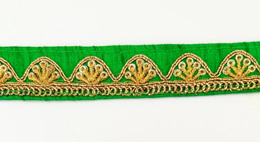 Green Art Silk Trim with Gold Embroidery and Sequins Indian Sari Border Trim By 3 Yards Decorative Trim Craft Lace